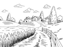 Rural Road Graphic Black White Village Landscape Sketch Illustration Vector