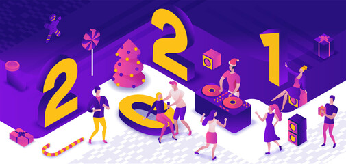 Isometric illustration of 2021 new year dance party, dj playing disco at night event, holiday banner, gift icon, happy people enjoy music, 3d vector purple background