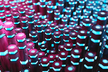 Aufkleber - Metallic black blue ad pink glowing hexagons moving pillars background 3D rendering