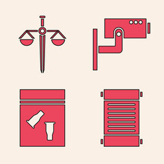 Wall Mural - Set Decree, paper, parchment, scroll, Scales of justice, Security camera and Evidence bag and bullet icon. Vector.