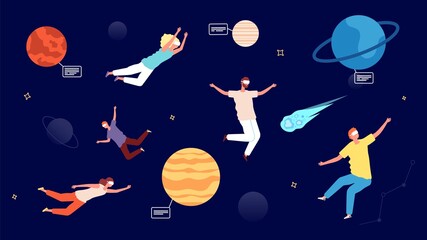 Poster - Travel in Universe. Virtual reality glasses entertainment, astronomy augmented reality game. Zero gravity people flying in space with planets and asteroids vector illustration. Visual entertainment