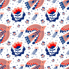 vector seamless pattern of birds and flowers in folk art. for sublimation design, printing, poster d