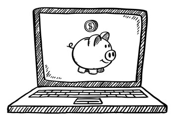 Wall Mural - Cartoon style doodle of notebook with dollar coin falling into piggy bank. Hand drawn vector illustration.