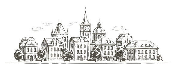 City view with historic buildings. Town sketch vector illustration