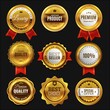 Gold sale badges. Premium golden emblem, luxury genuine and highest quality product badge, best seller offer, round promotion element with ribbon realistic vector set