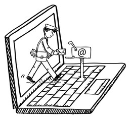 Leinwandbilder - Cartoon style black and white doodle of notebook with mailman delivering mail. Hand drawn doodle vector illustration
