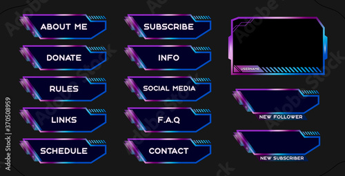 Twitch Set Of Modern Blue Pink Gaming Panels And Overlays For Live Streamers Design Alerts And Buttons For Streaming 16 9 And 4 3 Screen Resolution Stream Panels Twitch Overlays Design Template Stock Illustration