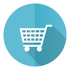 Poster - Shopping cart vector icon, shop, trolley flat design blue round web button isolated on white background