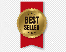 Gold Bestseller Badge With Ribbon And Transparent Background With Gradient Mesh, Vector Illustration