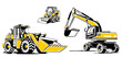 Vector illustrations of construction equipment. Bulldozer, excavator, compact baggier. Icon style, flat two colors illustrations.