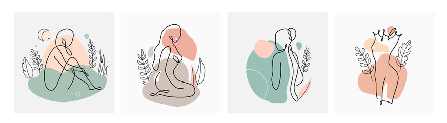 Poster - Abstract line woman vector background set in continuous linear art. Fashion templates with female postures, plants, leaves, color texture elements in modern simple outline style. Beauty girl layouts