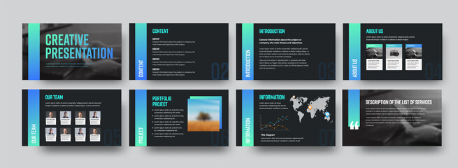 Poster - Vector black infographic template with gradient color lines, content description, information and creative presentation ui design.