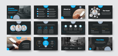 Poster - Infographic design presentation, power, point, with blue circles on black background, creative leaflet for annual report, information for business.