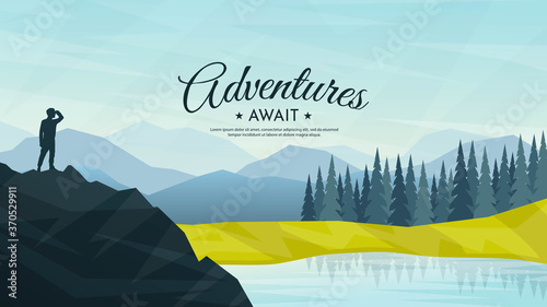 Fotomural Traveler standing looking at mountains