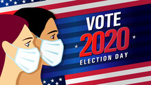 Vote 2020 In USA, Blue Stripes Banner With People On Flag. American Patriotic Background Election Day. Usa Debate Of President Voting. Election Voting Poster Vector Template