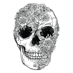 Wall Mural - tattoo and t-shirt design black and white hand drawn skull roses premium vector