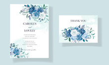 Wedding Invitation Template Set With Beautiful Blue Floral Bouquet And Border Decoration