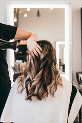 Beautiful brunette woman with long hair at the beauty salon getting a hair blowing. Hair salon styling concept.