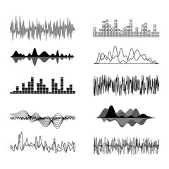 Sticker - Sound Waves Black Thin Line Icon Set. Vector