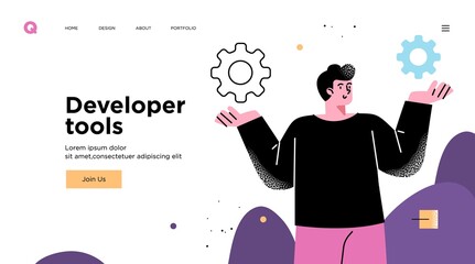 Presentation slide template or landing page website design. Business concept illustrations. Modern flat outline style. Software development tools