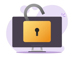 Aufkleber - Unlocked desktop computer or pc with open padlock as insecure or theft idea vector flat cartoon icon, illustrated digital security login access or private account opened, internet spyware symbol