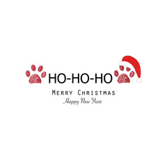 Wall Mural - ho-ho-ho text with doodle red paw print with Santa Claus hat. Happy new year greeting card