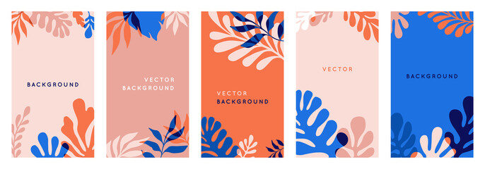 Wall Mural - Vector set of abstract floral backgrounds with copy space for text in red and blue colors with effect of overprinting. Templates with leaves and plants for posters, social media stories wallpapers 