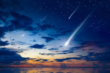 Wall Mural - amazing heavenly image with beautiful glowing sunset, comet and shooting stars, rising crescent moon
