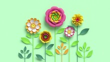 Colorful Paper Flowers And Green Leaves Growing, Appearing On Pastel Mint Background. Decorative Floral Arrangement, Spring Bouquet Diy Craft Project. Festive Botanical Background.