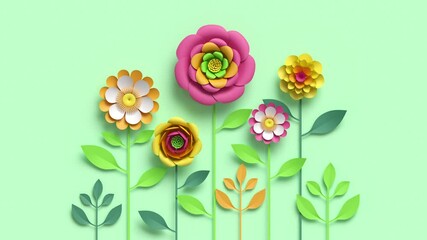 Wall Mural - Colorful paper flowers and green leaves growing, appearing on pastel mint background. Decorative floral arrangement, spring bouquet diy craft project. Festive botanical background.