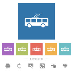 Sticker - Trolley bus flat white icons in square backgrounds