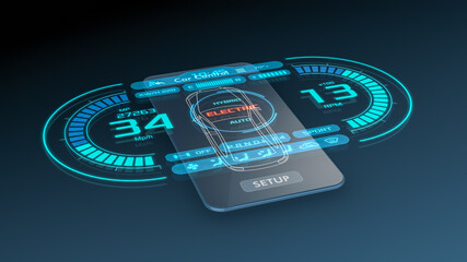 modern smartphone with an app for remote control of the car, futuristic holographic interface (3d render)