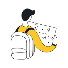 Man with a map. Research, discovery, navigation, and seeking a way out. Flat line vector icon illustration.