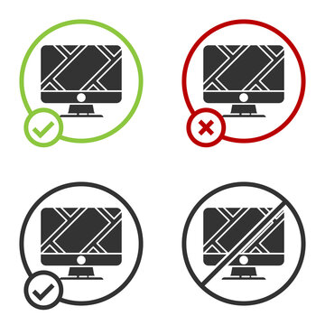 Black Computer monitor and folded map with location marker icon isolated on white background. Circle button. Vector Illustration.