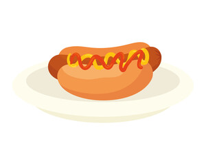 Poster - fast food delicious hot dog in dish, on white background vector illustration design