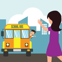 Wall Mural - kids with uniform going to school riding yellow school bus in cartoon character. vector illustration