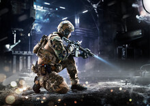 Army Soldier In Protective Combat Uniform Holding Special Operations Forces Combat Assault Rifle On Dark Background