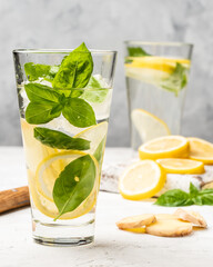 Ginger lemonade with basil in a highball glass.