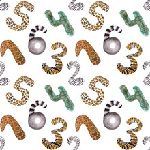 Watercolor Animal Print Numbers Seamless Pattern On A White Background. Endless Backdrop Of Symbols 1 (giraffe), 2 (zebra), 3 (tiger), 4 (snake), 5 (leopard), 6 (lemur). Wallpaper.