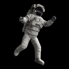 Wall Mural - astronaut performing a spacewalk, isolated on black background