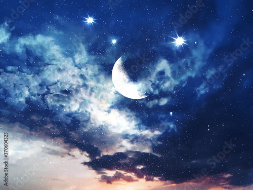 Blue Night Starry Sky And Moon On Sunset Fluffy Dramatic Clouds At Sea Nature Landscape Background Buy This Stock Photo And Explore Similar Images At Adobe Stock Adobe Stock