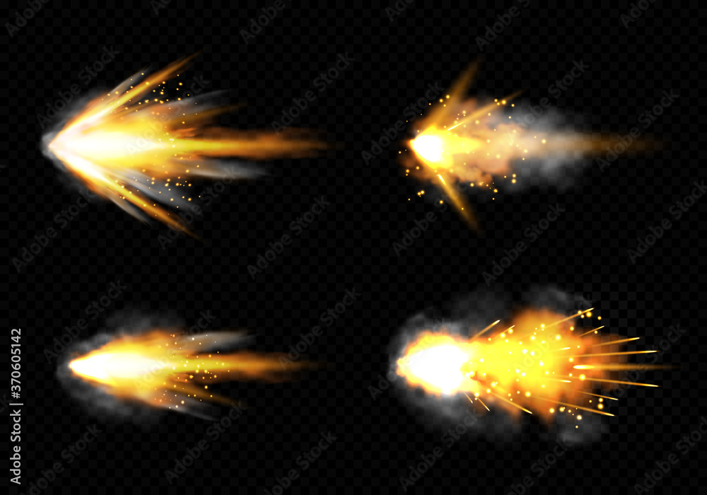 Gun flashes with smoke and fire sparkles. Pistol shots clouds, muzzle shotgun explosion. Blast motion, weapon bullets trails isolated on black background. Realistic 3d vector illustration, icons set - obrazy, fototapety, plakaty 