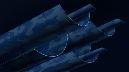 Poster - 3d abstract render with twisted geometry.  Blue color curve shape with texture.