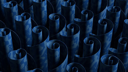 Poster - 3d abstract render with twisted geometry.  Blue color curve shape with texture.