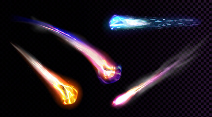 Wall Mural - falling comets, asteroids or meteors with flame trail isolated on transparent background. vector rea