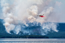 Amphibious Airplane Drops Water On Forest Fire Near The Lake