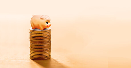 Piggy bank stand on top of coins stack , saving money for wealth and financial concept