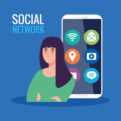 Poster - social network, young woman with smartphone and social media icons vector illustration design