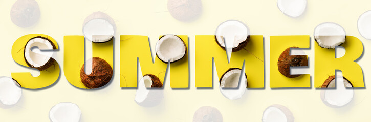 Wall Mural - inscription summer made with ripe coconuts on yellow background. text for your design. pop art desig