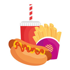 Sticker - fast food hot dog, with potatoes french fries and drink vector illustration design